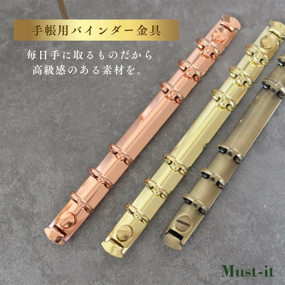 バインダー金具 6穴 リング径 15mm ビス付き 全3種（ゴールド・アンティークゴールド・ローズゴールド）B6サイズ対応 取付金具付き 工具不要【100個】
