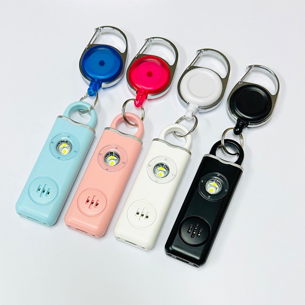 防犯ブザー Type-C USB充電式  ライト付き リールキー付き 4色選べる（ブラック・ホワイト・ピンク・ブルー）【1個】