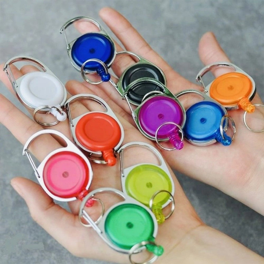 丸形リールキーホルダー カラビナ付 全10種（ホワイト・レッド・ブルー・イエロー・グリーン・オレンジ・ネイビー・パープル・ピンク・ブラック）【100個】