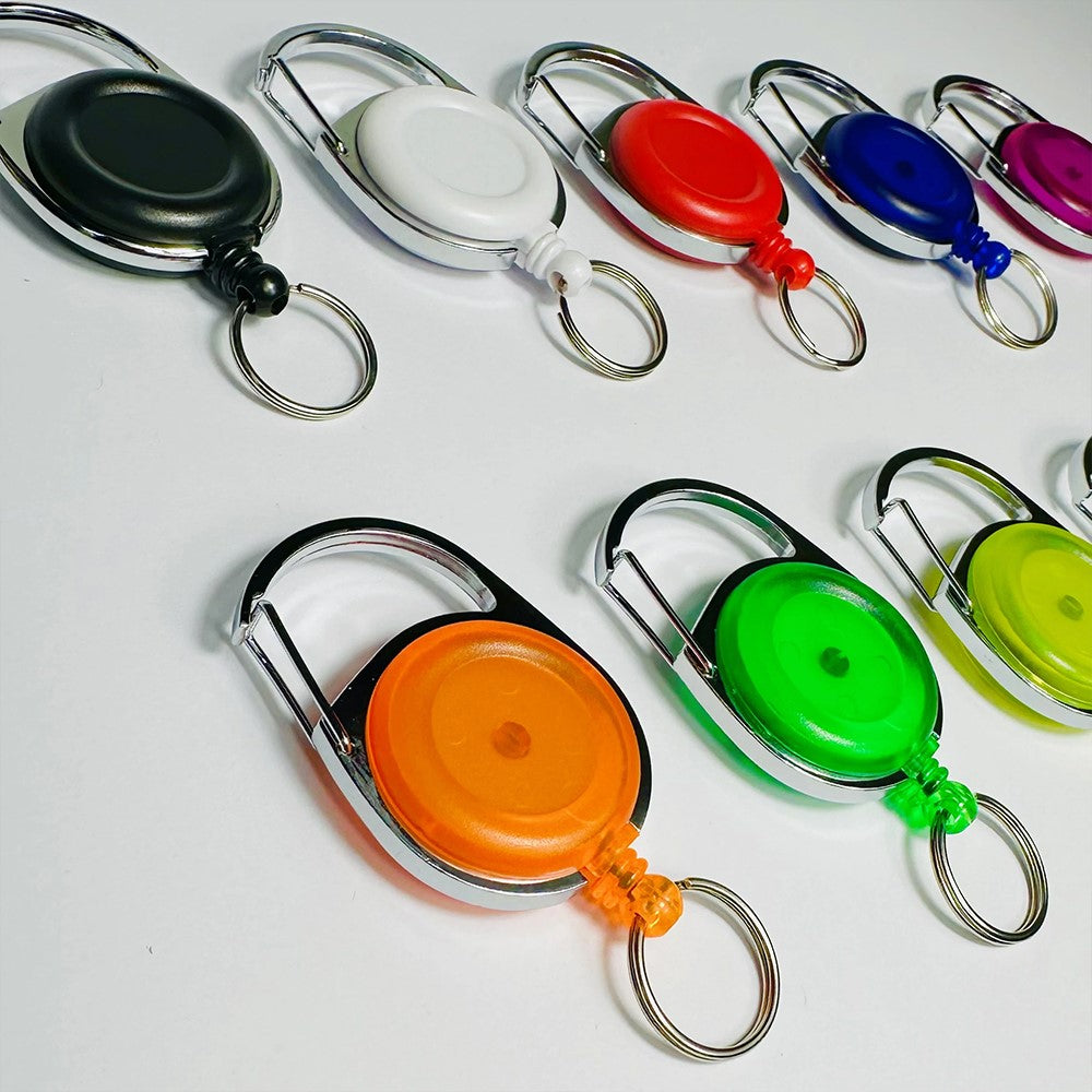 丸形リールキーホルダー カラビナ付 全10種（ホワイト・レッド・ブルー・イエロー・グリーン・オレンジ・ネイビー・パープル・ピンク・ブラック）【100個】