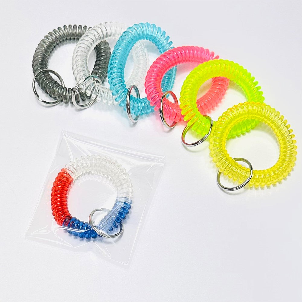 リストキーコイル 伸縮性 ステンレス製リング付き 全7種（クリア・ブラック・イエロー・グリーン・ピンク・ブルー・トリコロール）【100個・1000個】